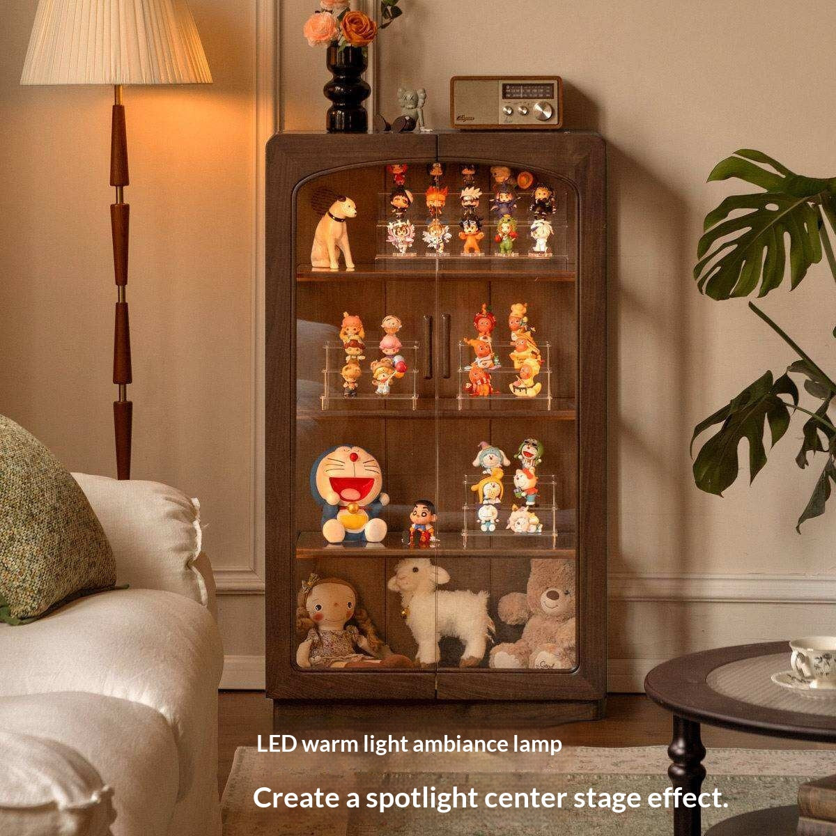 Black Walnut Solid Wood Side Cabinet with LED Lighting and Glass Panels