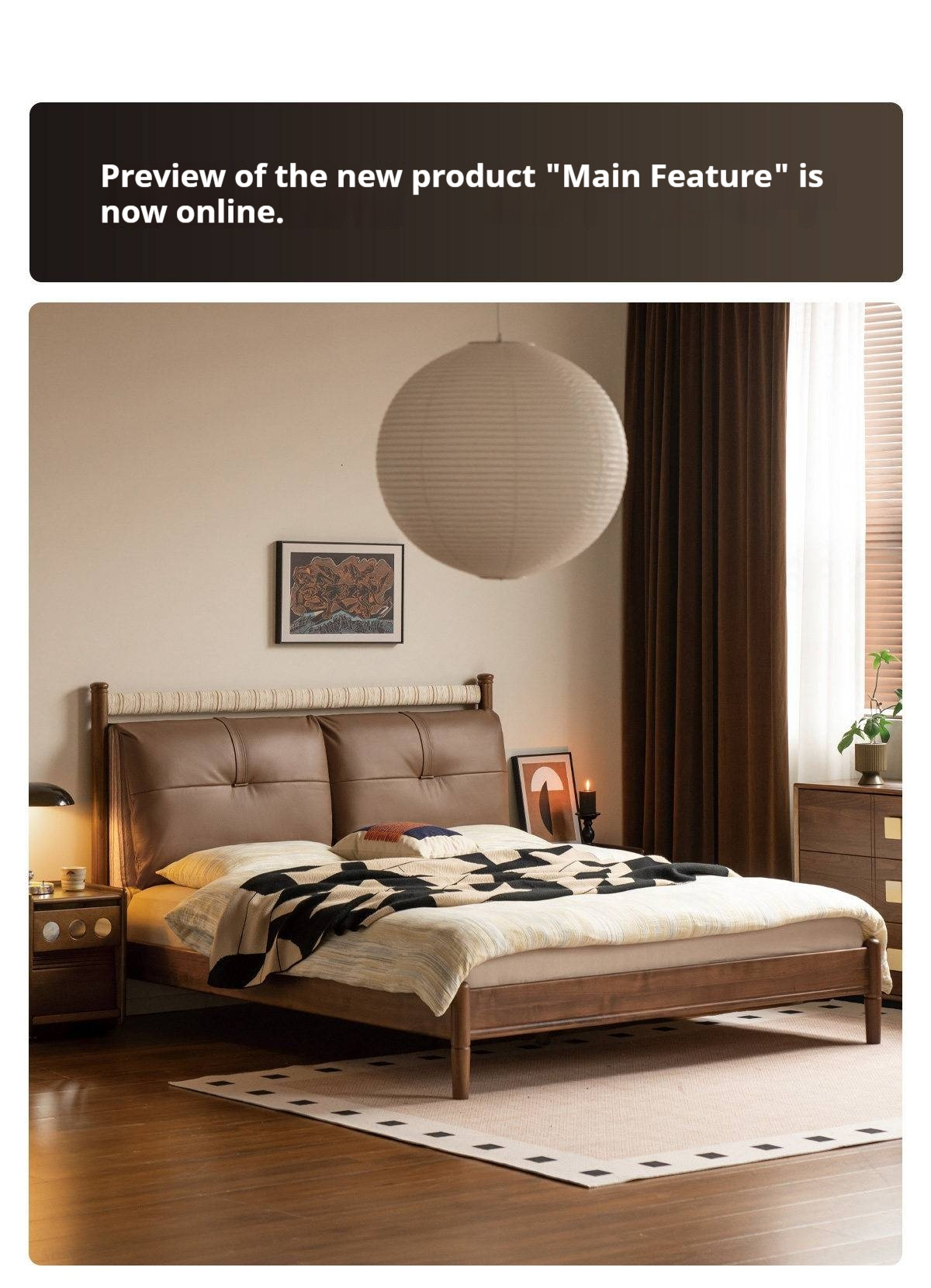 Black Walnut Solid Wood Bed with Plush Genuine Leather Cushioned Headboard