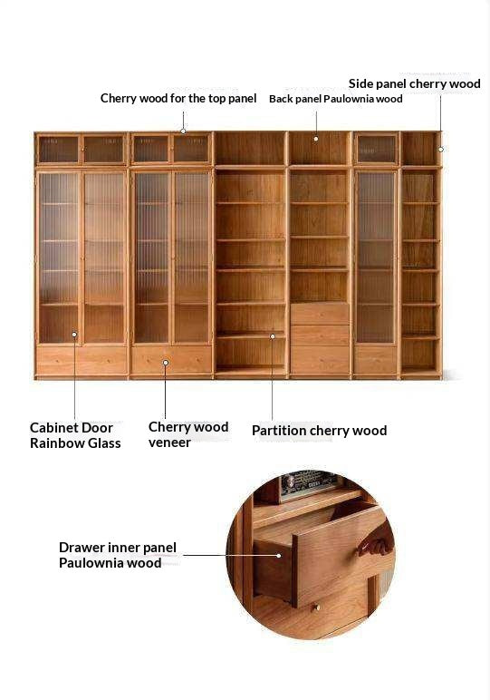 Cherry Wood Combination Bookcase Floor Shelf Glass Door Bookcase