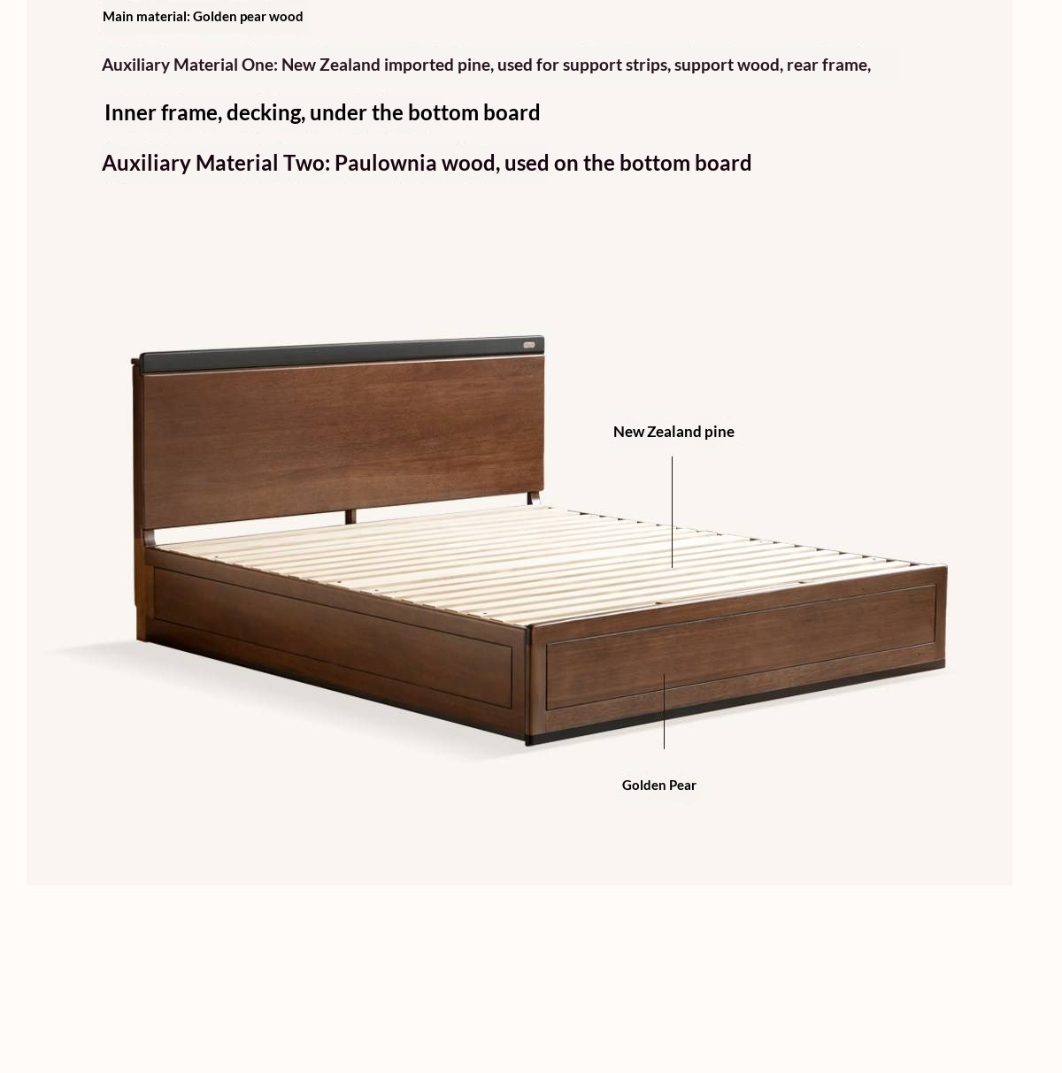 Golden Rosewood Solid Wood Bauhaus Storage Bed with Full Lift-Up Storage Box and Color-Block Headboard