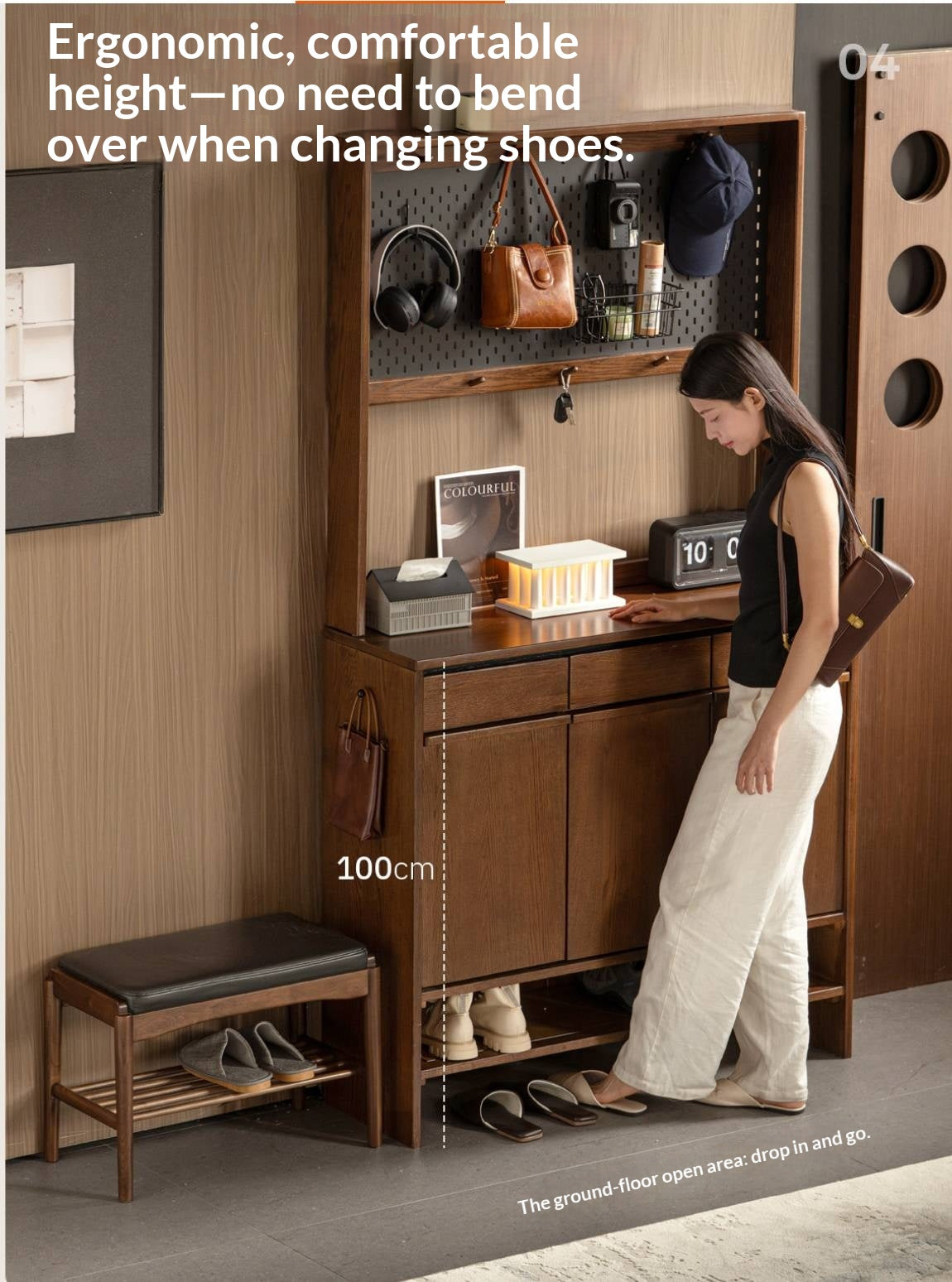 Oak Solid Wood Large Entryway Shoe Cabinet with Pegboard Hutch and Drawers, Walnut Finish
