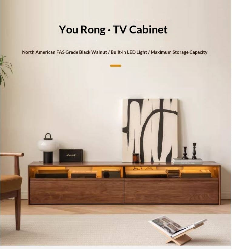 Black Walnut, Oak Solid Wood TV Cabinet LED Light Floor Cabinet.