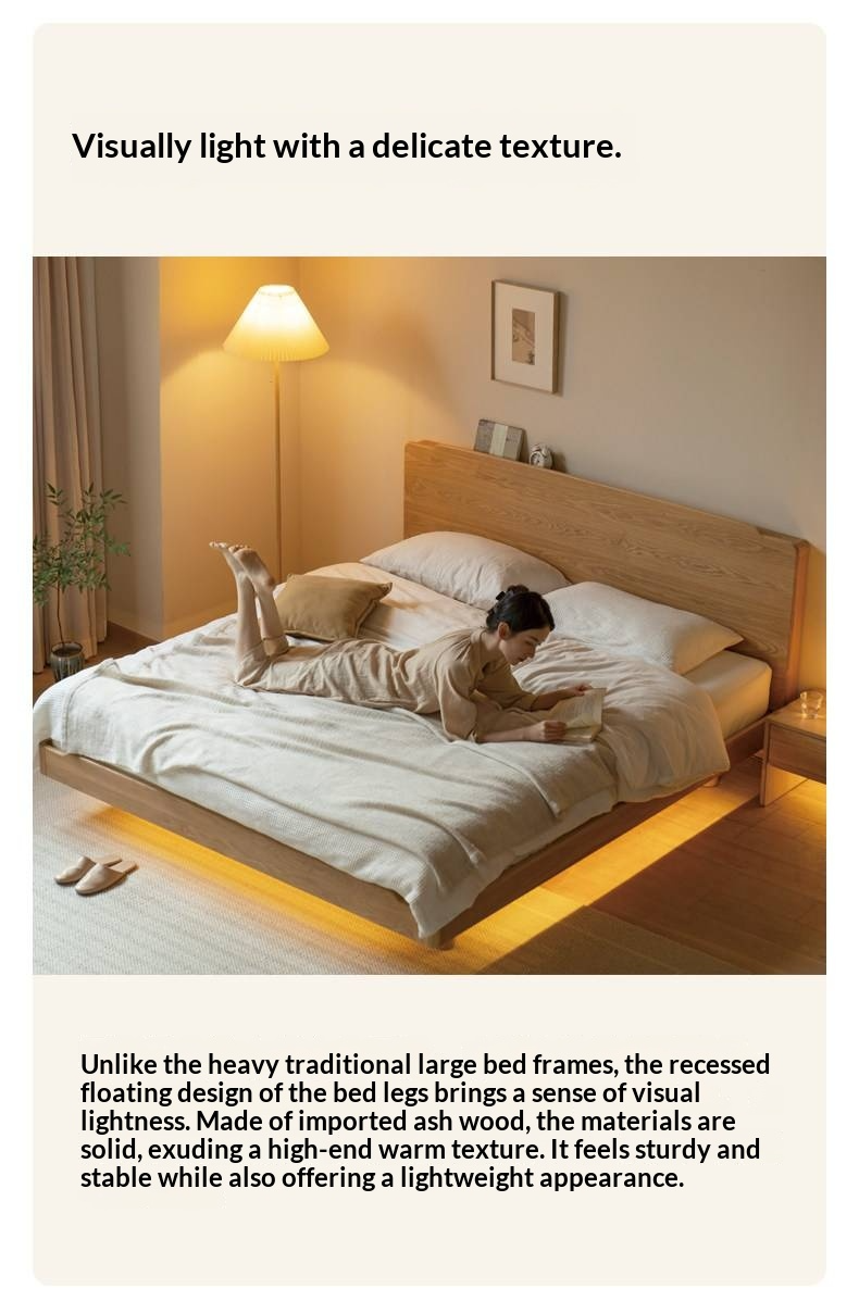 Ash Solid Wood Floating Bed — Large Slab, Simple Modern Design