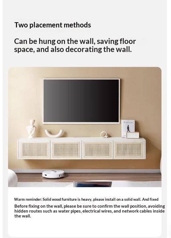 Ash Solid Wood Rattan TV Cabinet Cream Style LED Lights.