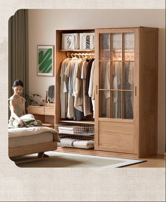 Oak Solid Wood Wardrobe Cabinet with Minimalist Songshi Storage