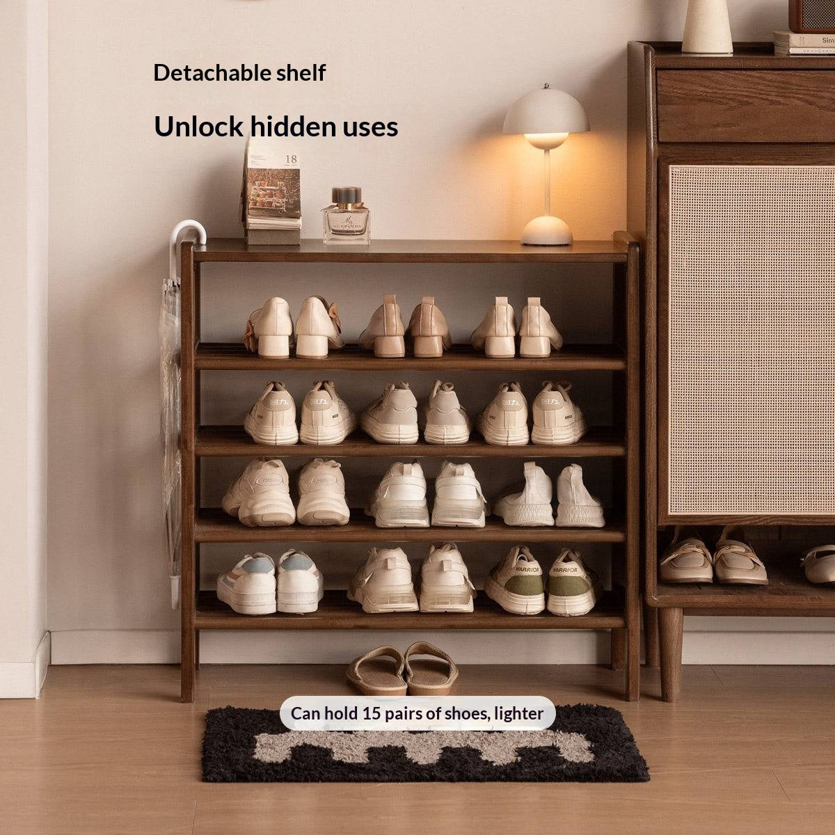 Solid RubberWood Modern Entryway Shoe Rack with Top Shelf and Hooks