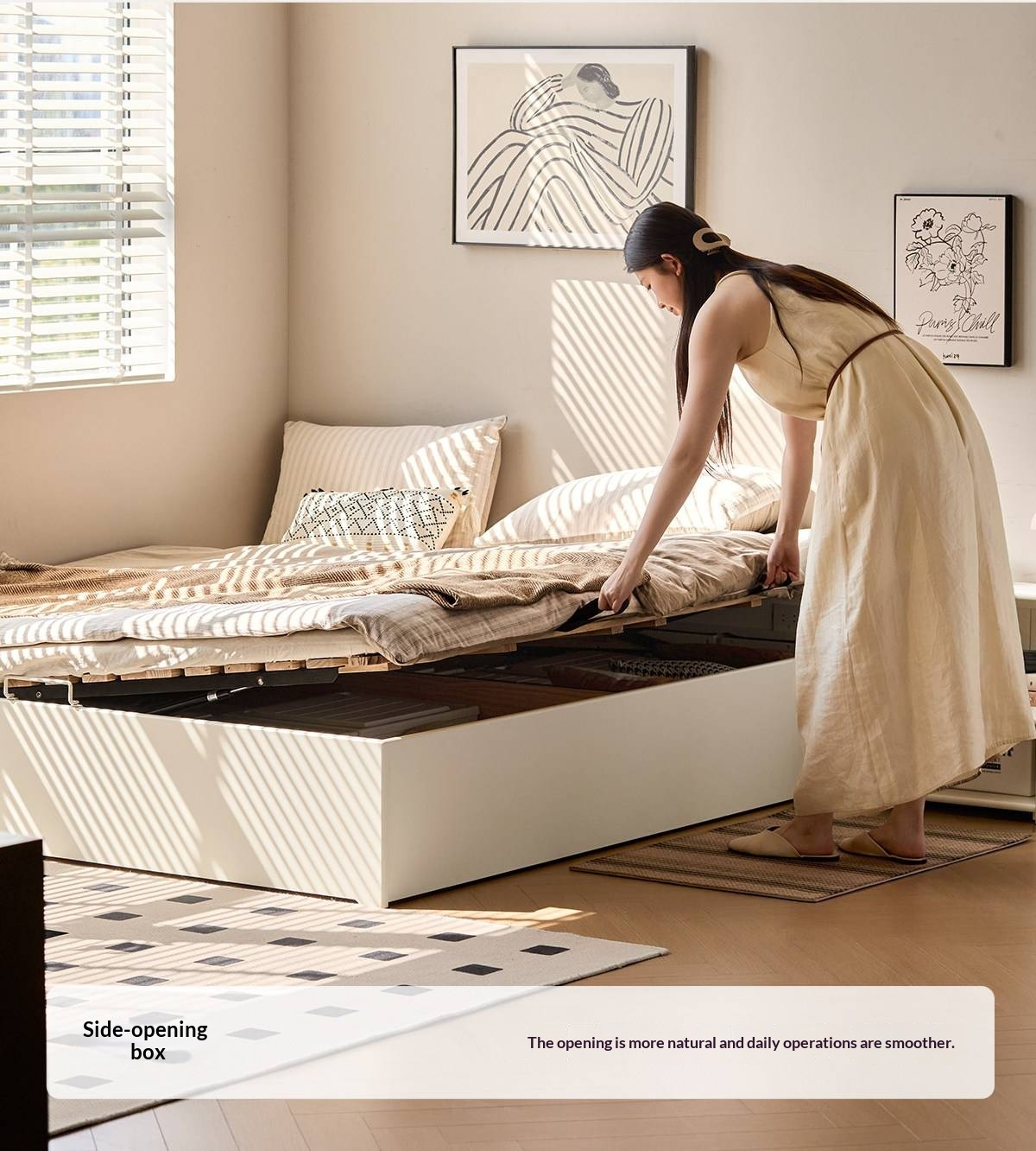 Rubberwood Solid Wood Storage Bed with No Headboard and Side-Opening Lid