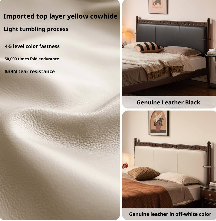 Poplar Solid Wood Genuine Leather Soft Backrest Bed Retro Vintage