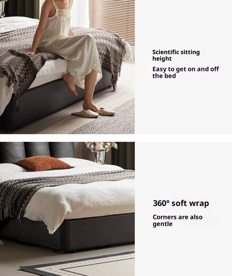 Genuine Leather Black Light Luxury Box Bed