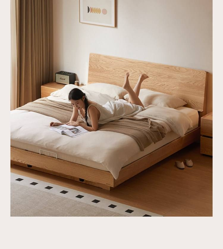 Oak Solid Wood Bed — Modern Minimalist Slab Box Design