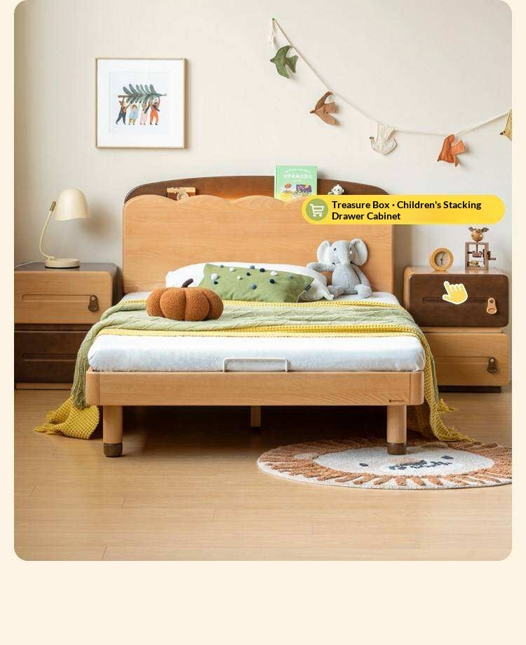 Beech Solid Wood Kids Bed with Scalloped Headboard and Hidden Storage