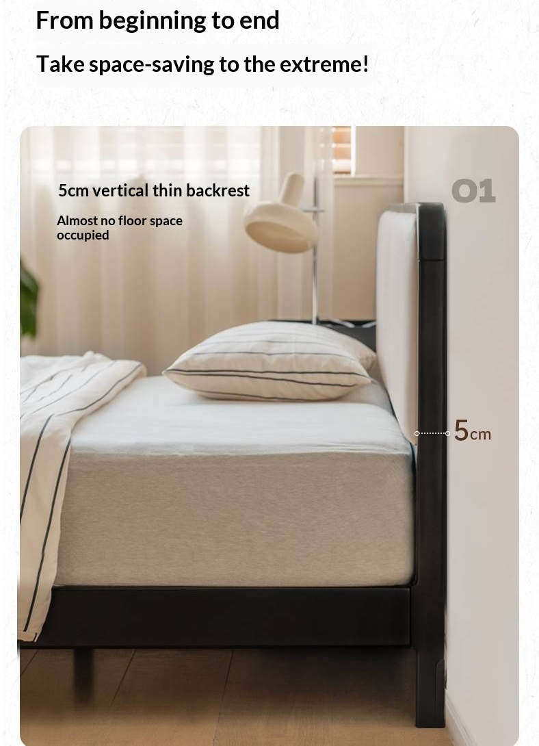 Rubberwood Solid Wood Bed — Modern Minimalist Black Design with Soft Headboard