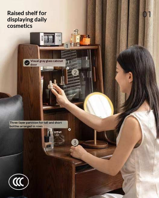 Oak Solid Wood, Rubberwood Solid Vanity Table with Drawers and Modern Minimalist Design