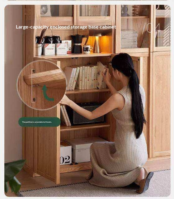 Oak Solid Wood Bookcase with Glass Doors, Large Oak Storage Cabinet for Living Room Display