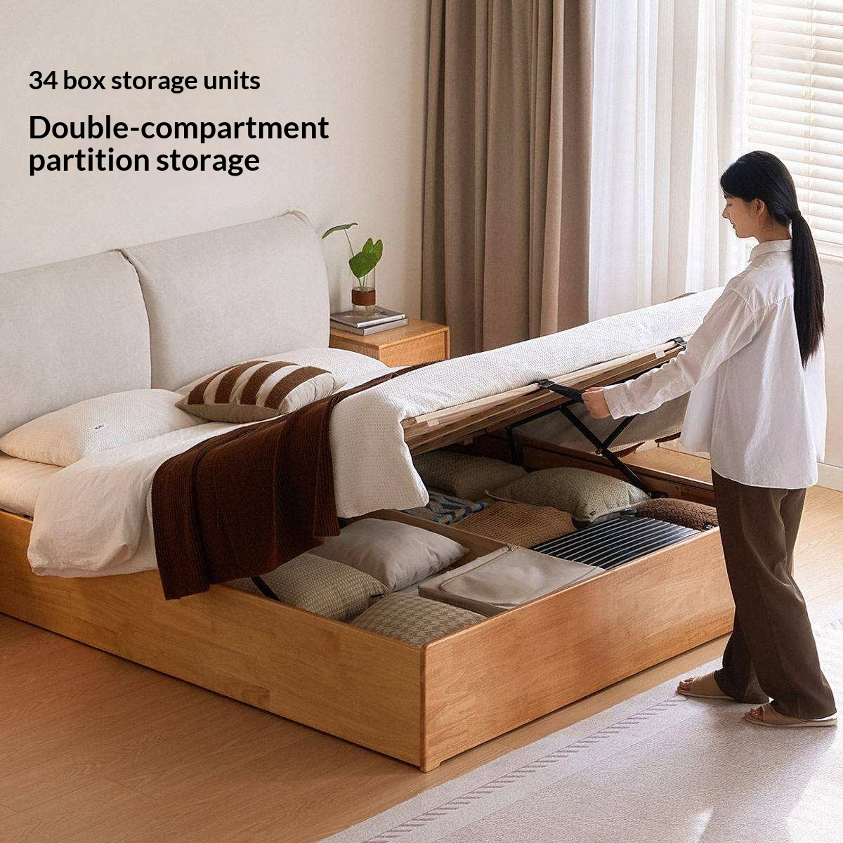 Rubberwood Solid Wood Storage Bed with Lift-Up Base and Soft Upholstered Headboard