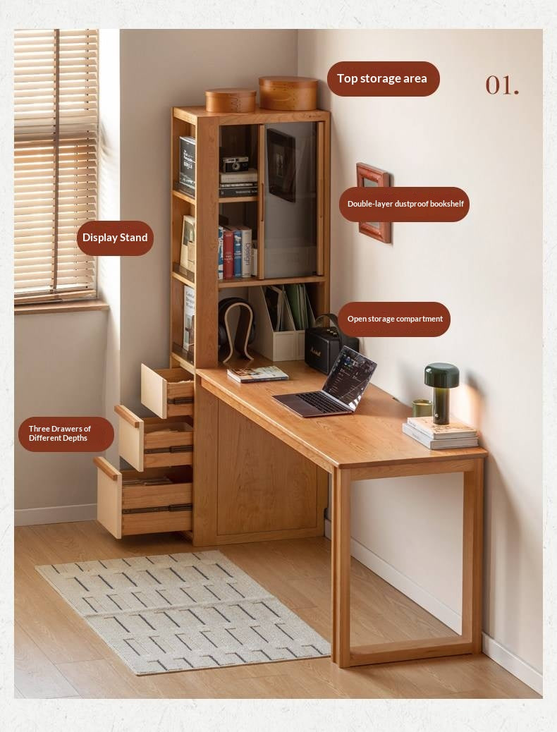 Cherry Solid Wood Office Desk with Integrated Bookshelf