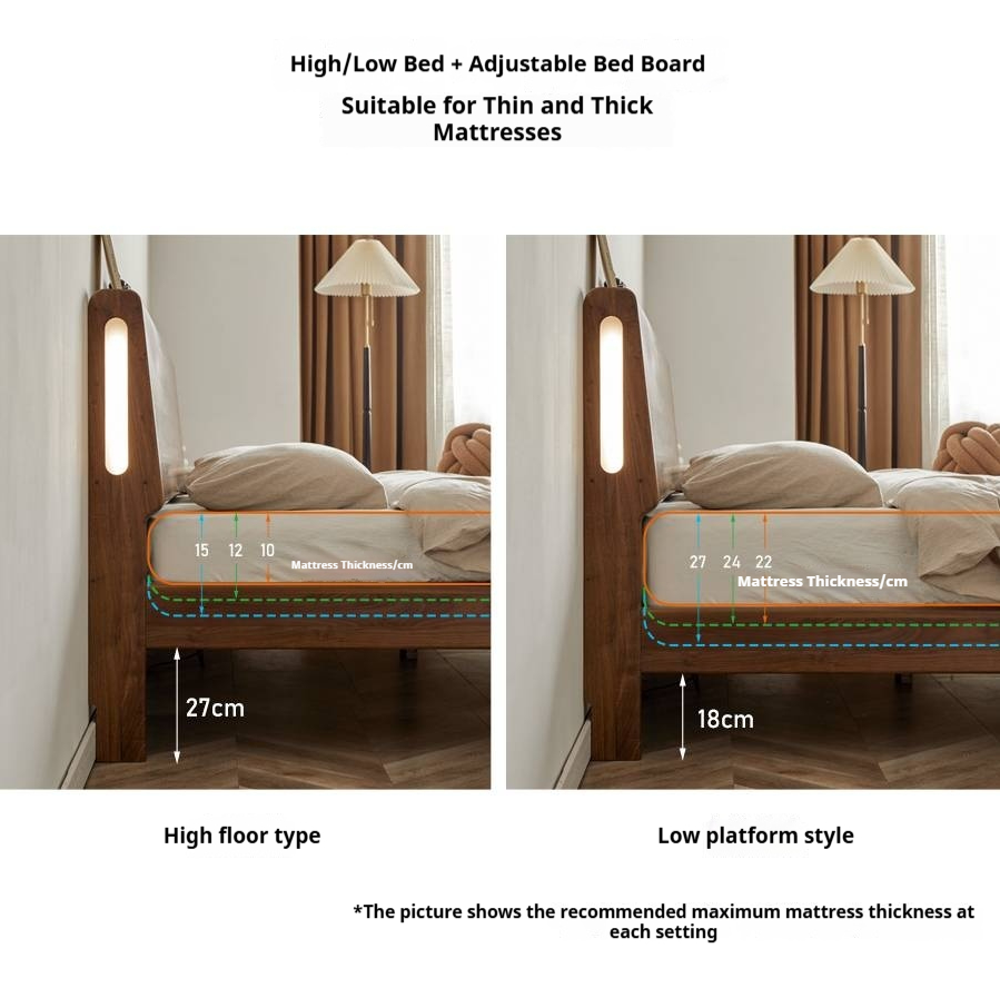 Black Walnut Solid Wood suspended bed with Ambient LED Headboard Lighting