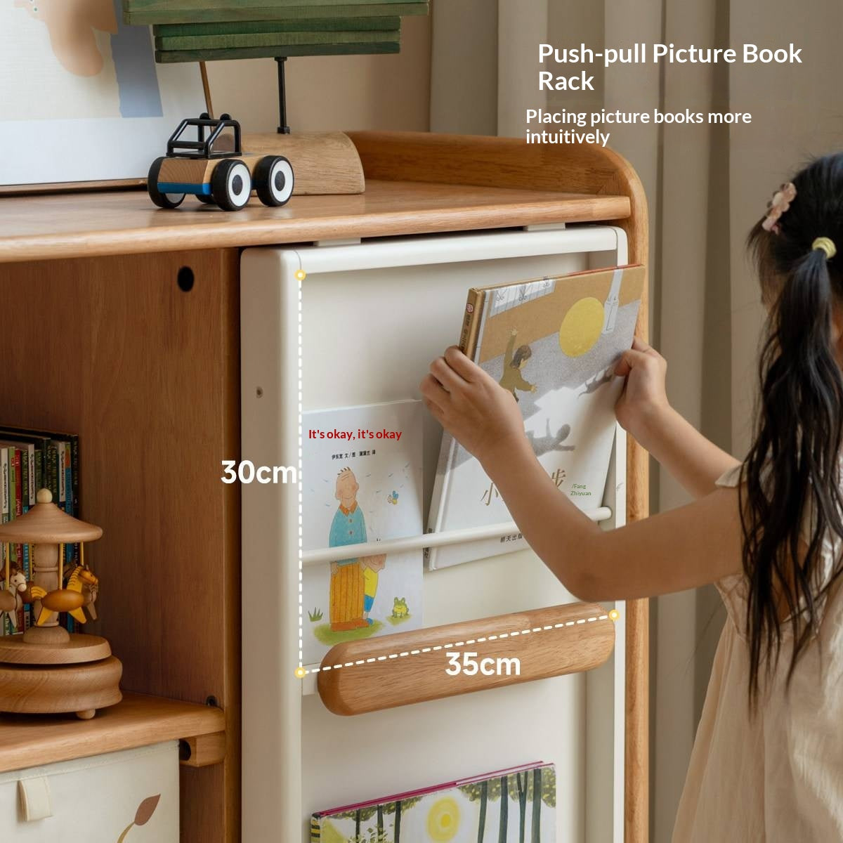 Solid Rubberwood Children's Bookcase with Sliding Doors and Toy Storage