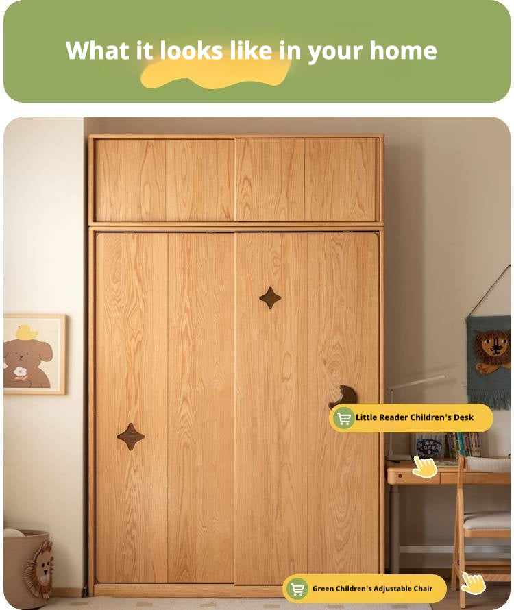 Oak Solid Wood Kids Sliding Door Wardrobe