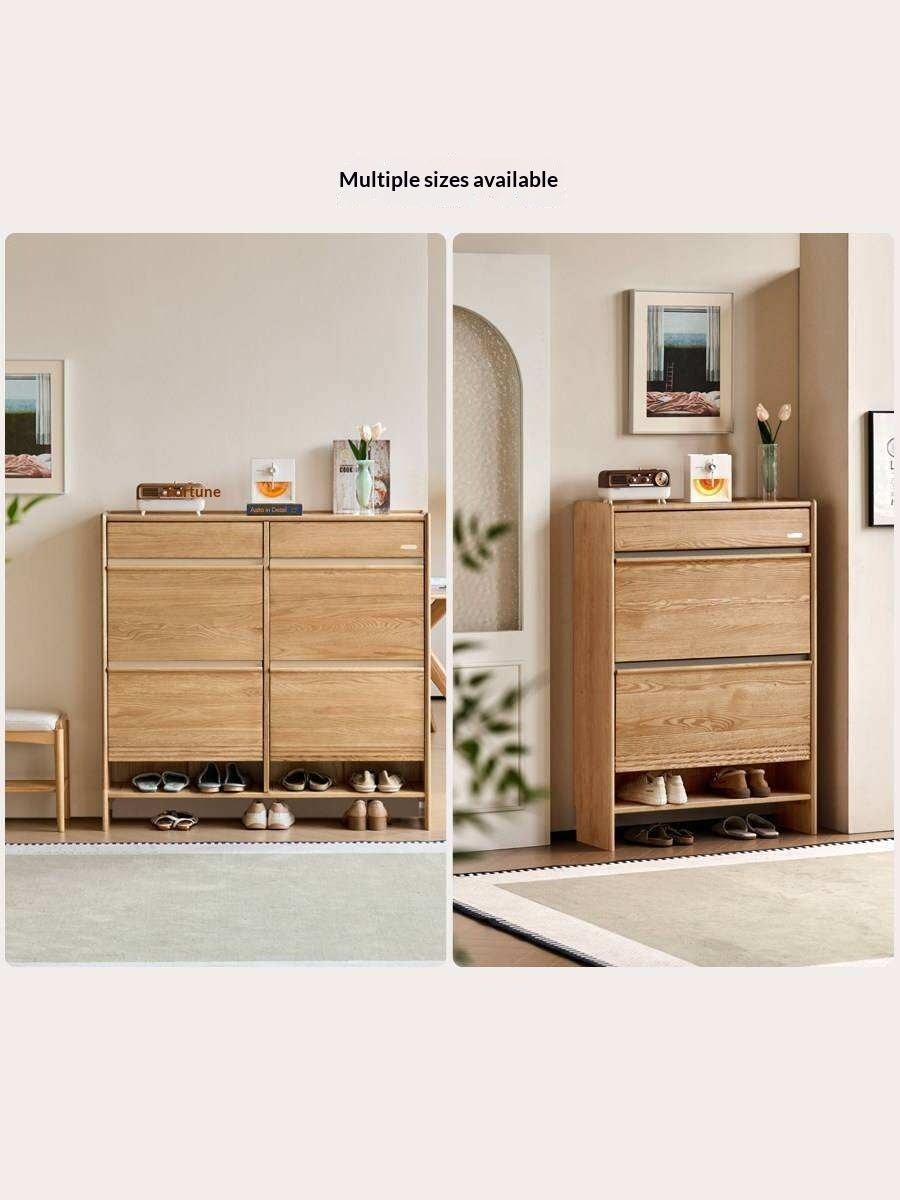 Oak Solid Wood Slim Entryway Shoe Cabinet with Tilt-Out Compartments and Drawers
