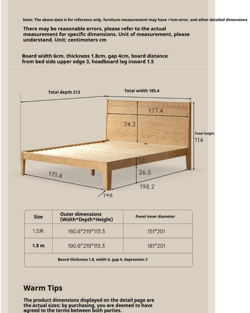 Ash Solid Wood Modern Minimalist Bed with Grooved Headboard and High Under-Bed Clearance