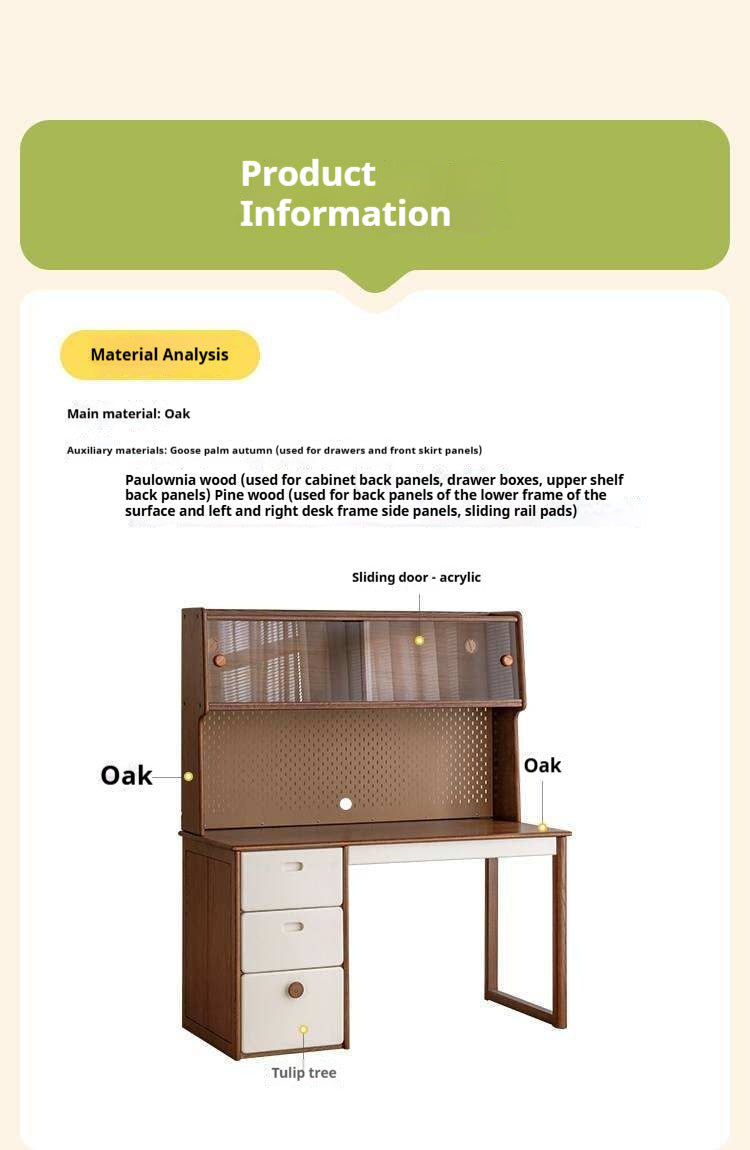 Oak Solid Wood Retro Style Kids Study Desk with Integrated Bookshelf