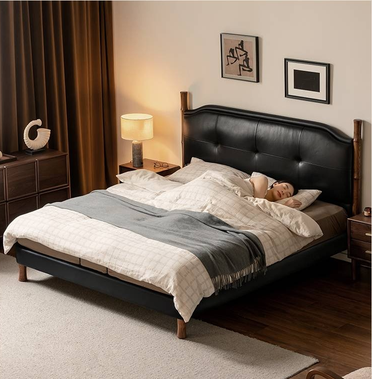 Genuine Leather Soft Headboard Bed
