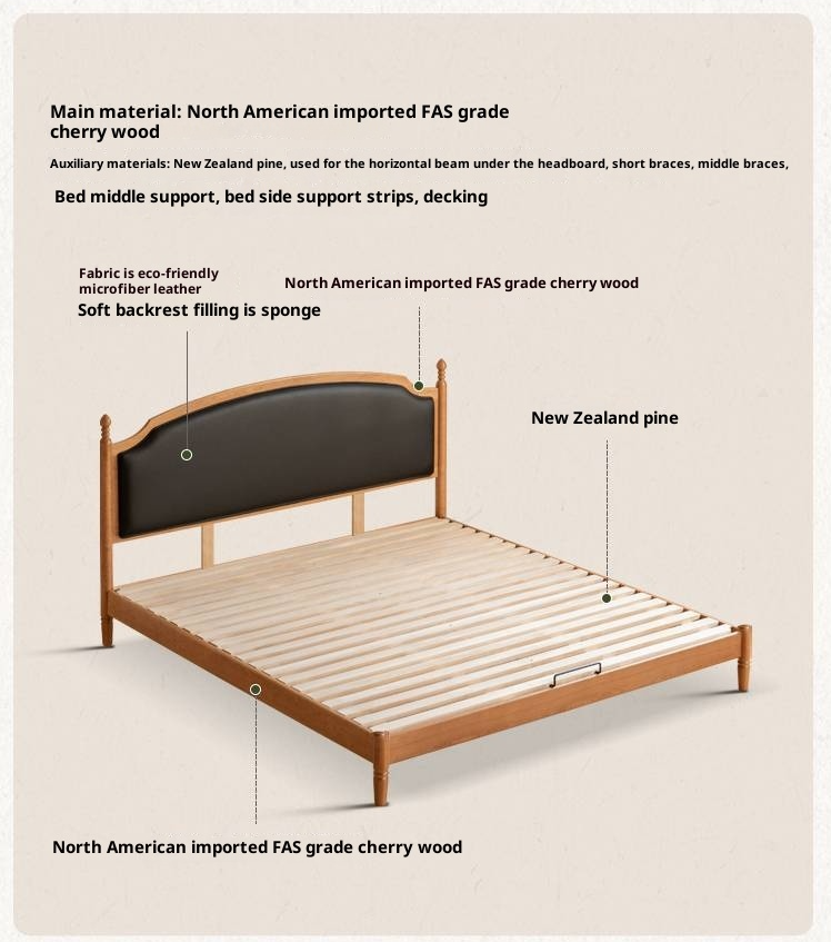 Cherry Solid Wood Soft Backrest Bed, French Retro Style