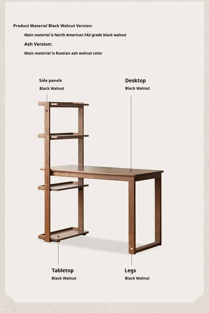Black Walnut, Ash Solid Wood Desk Bookshelf Integrated