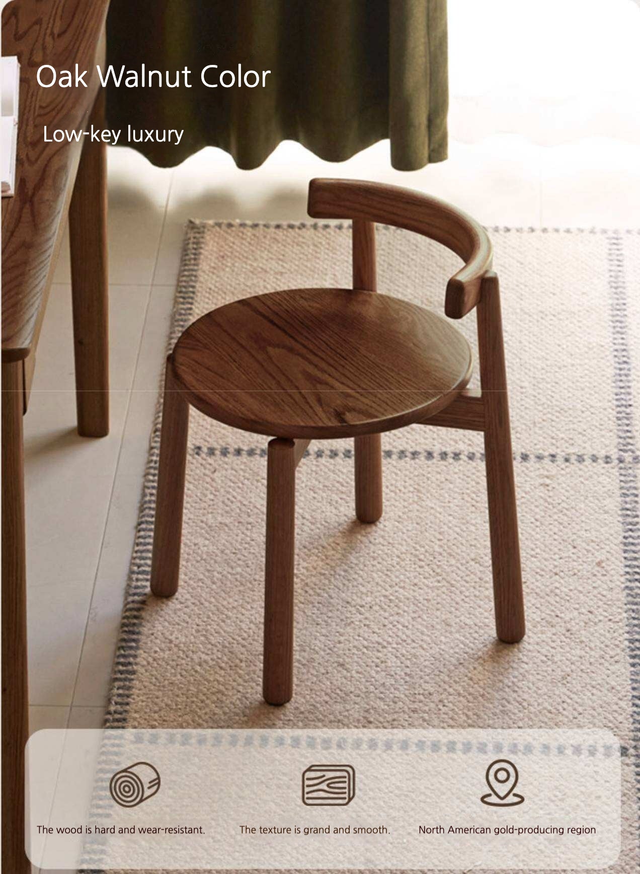 Black Walnut, Oak Solid Wood Low Back Makeup Stool with Round Seat