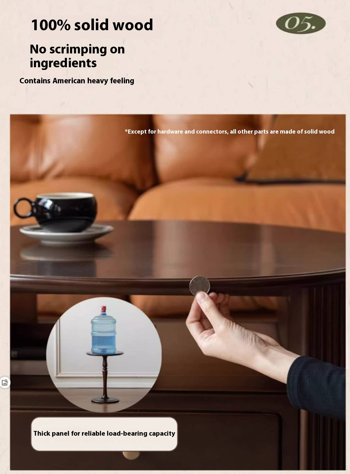 Poplar Solid Wood American Retro Style Round Coffee Table