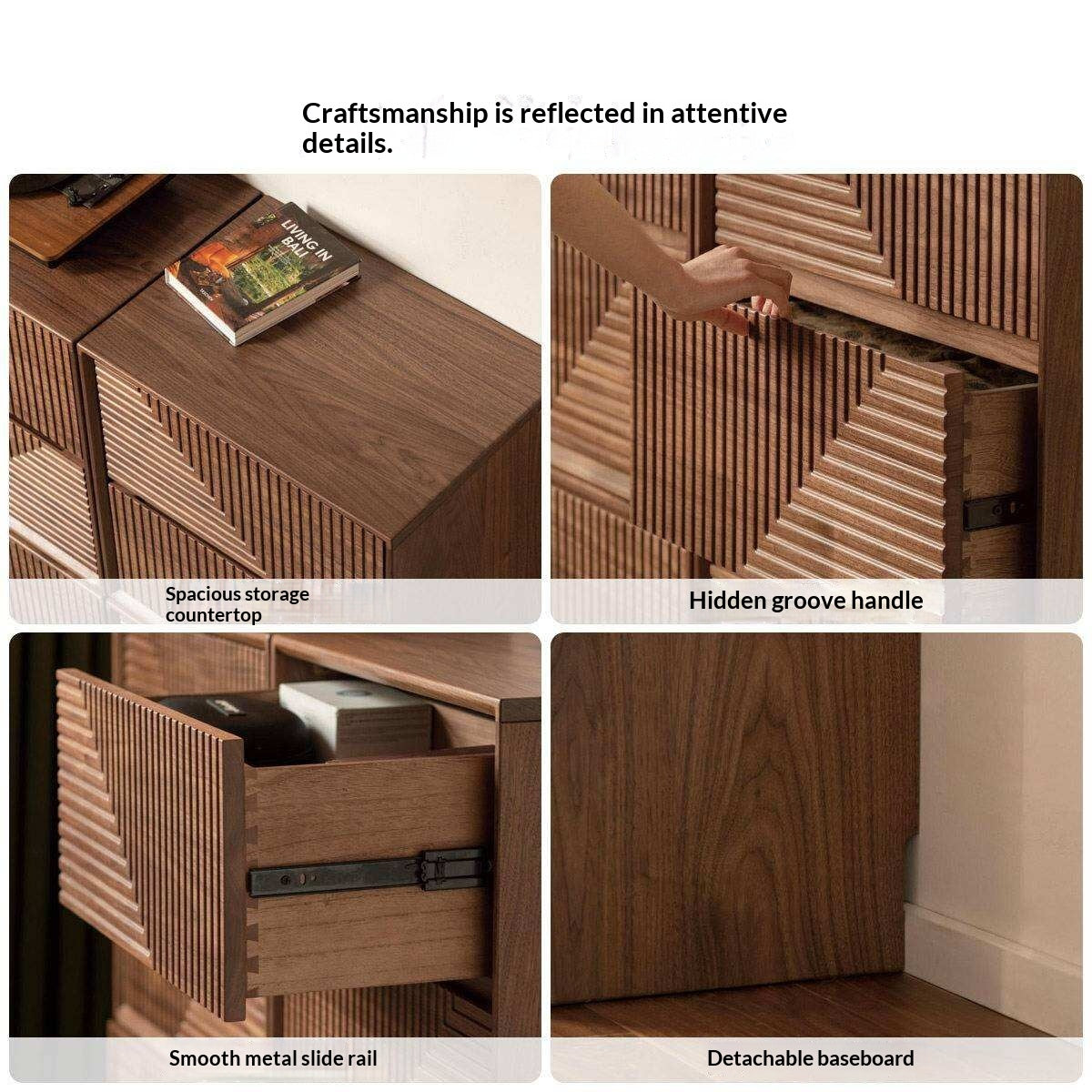 Black Walnut Solid Wood Modular Storage Cabinet, Mid Century Dresser with Geometric Front Design