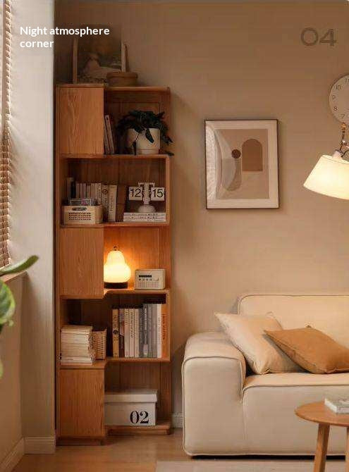 Oak Solid Wood Corner Bookshelf with Floor-Standing Storage Cabinet