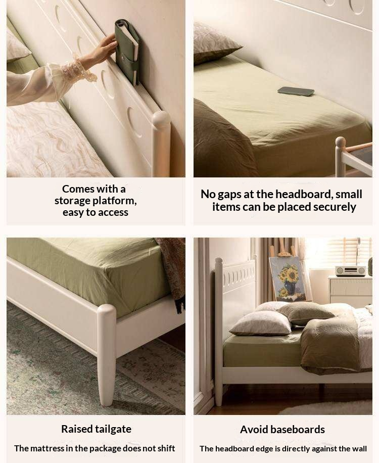 Rubberwood Solid Wood Platform Bed with Carved Dot Headboard and Spindle Legs