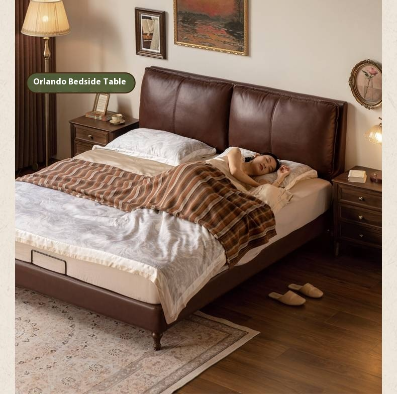 Leather Soft Upholstery, Light Luxury Bed American Retro Style