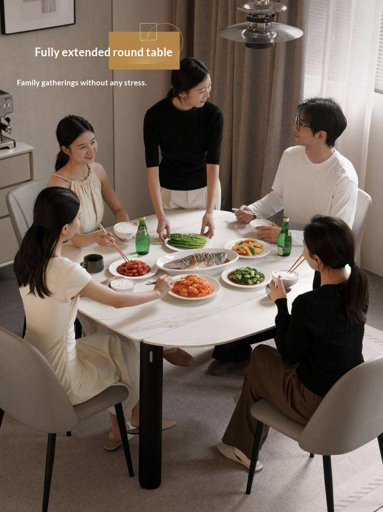 Solid RubberWood Extendable Dining Table with Marble-Look Stone Top and Rounded Corners