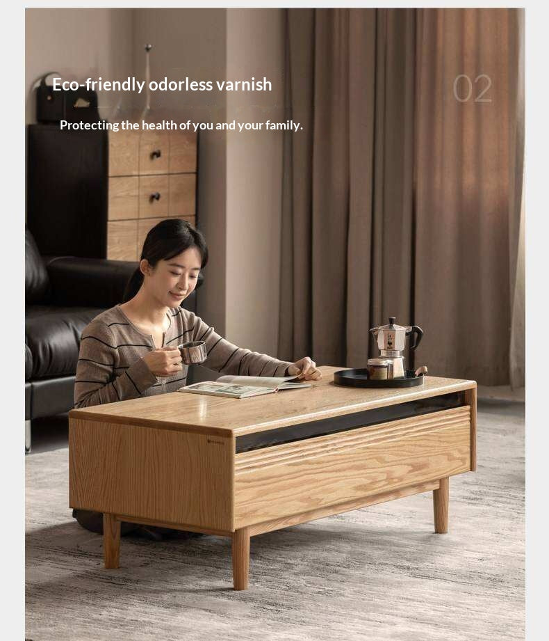 Oak Solid Wood Coffee Table with Integrated Drawer Storage