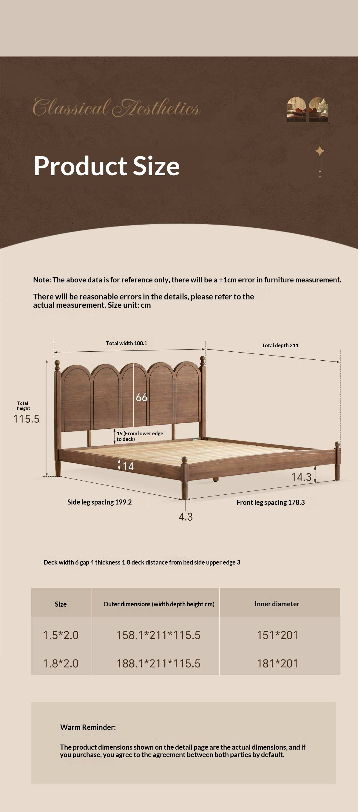 Black Walnut Solid Wood French Country Arched Platform Bed with Turned Posts