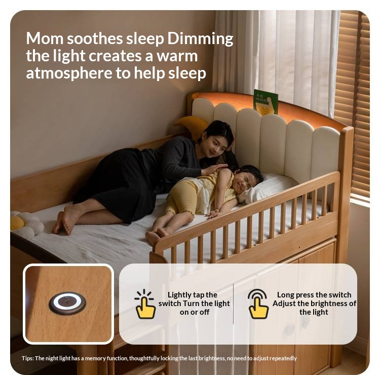 Beech Solid Wood Children's Soft Backrest Storage Loft Bed with Night Light