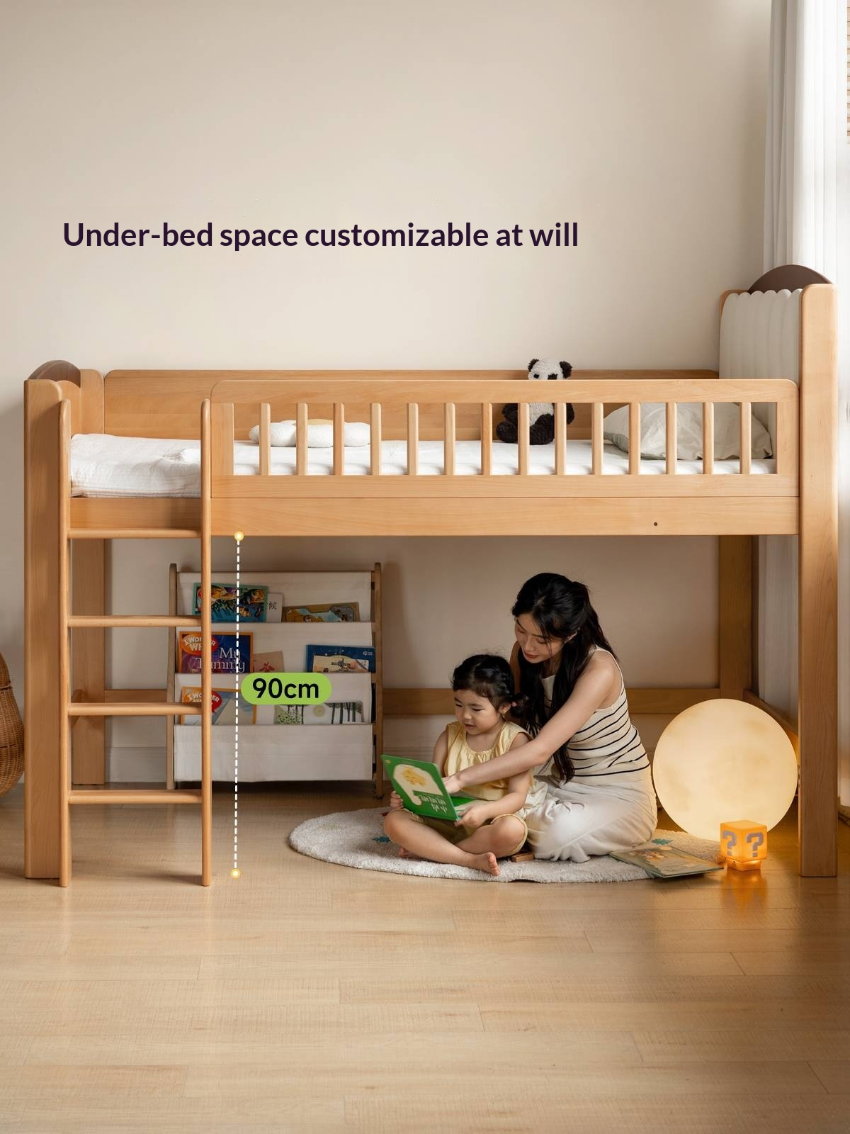 Beech Solid Wood Children's Soft Backrest Storage Loft Bed with Night Light