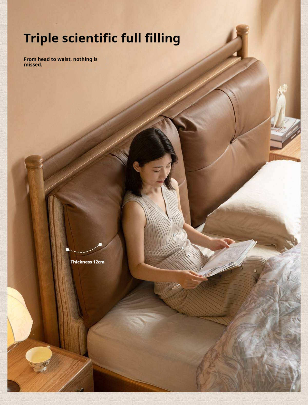 Ash Solid Wood Bed with Plush Genuine Leather Cushioned Headboard