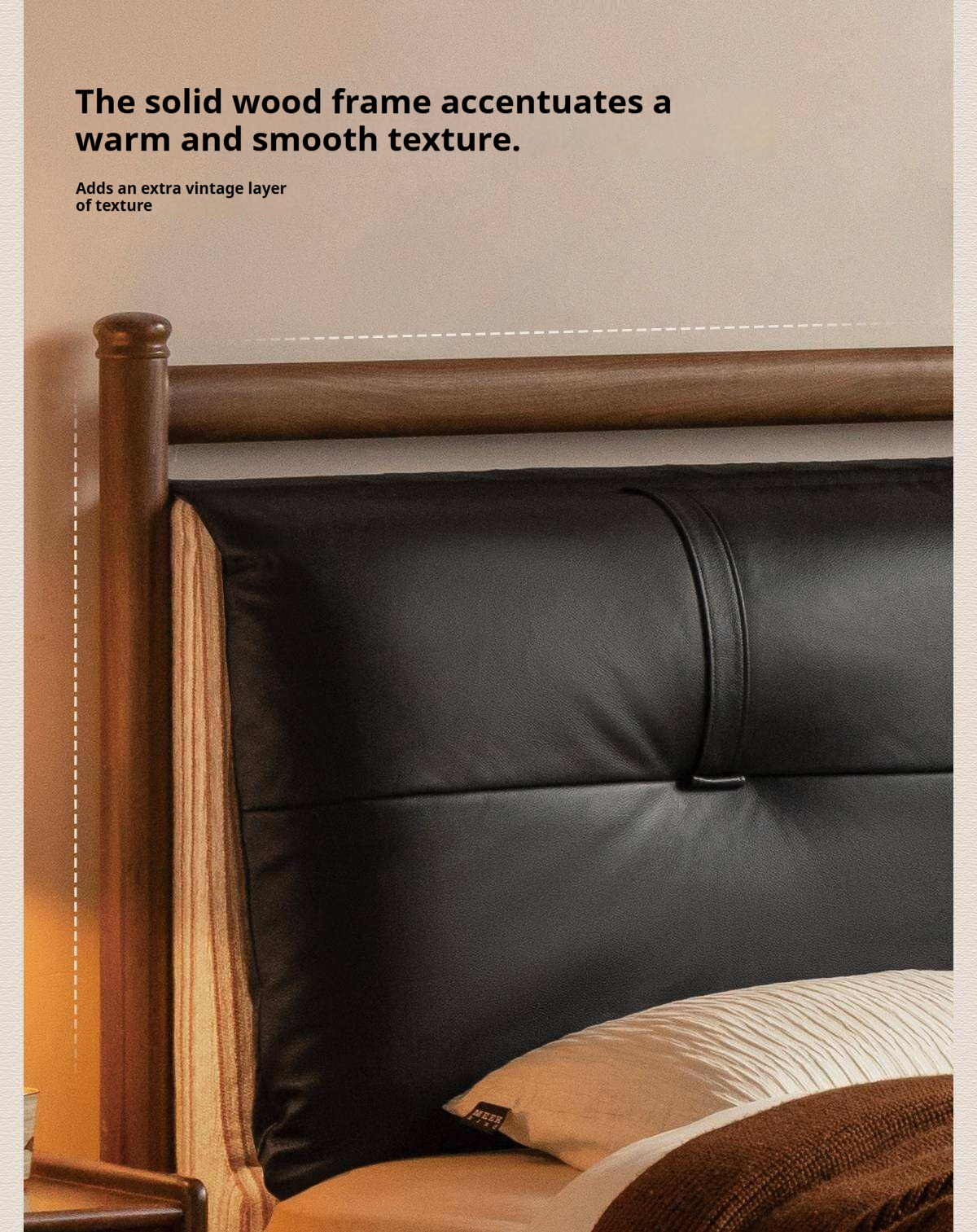 Black Walnut Solid Wood Bed with Plush Genuine Leather Cushioned Headboard