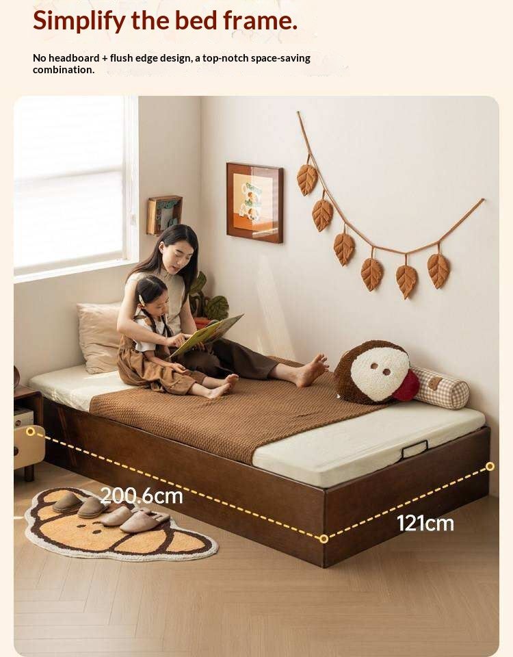 Rubberwood Solid Wood Storage Bed with No Headboard and Side-Opening Lid