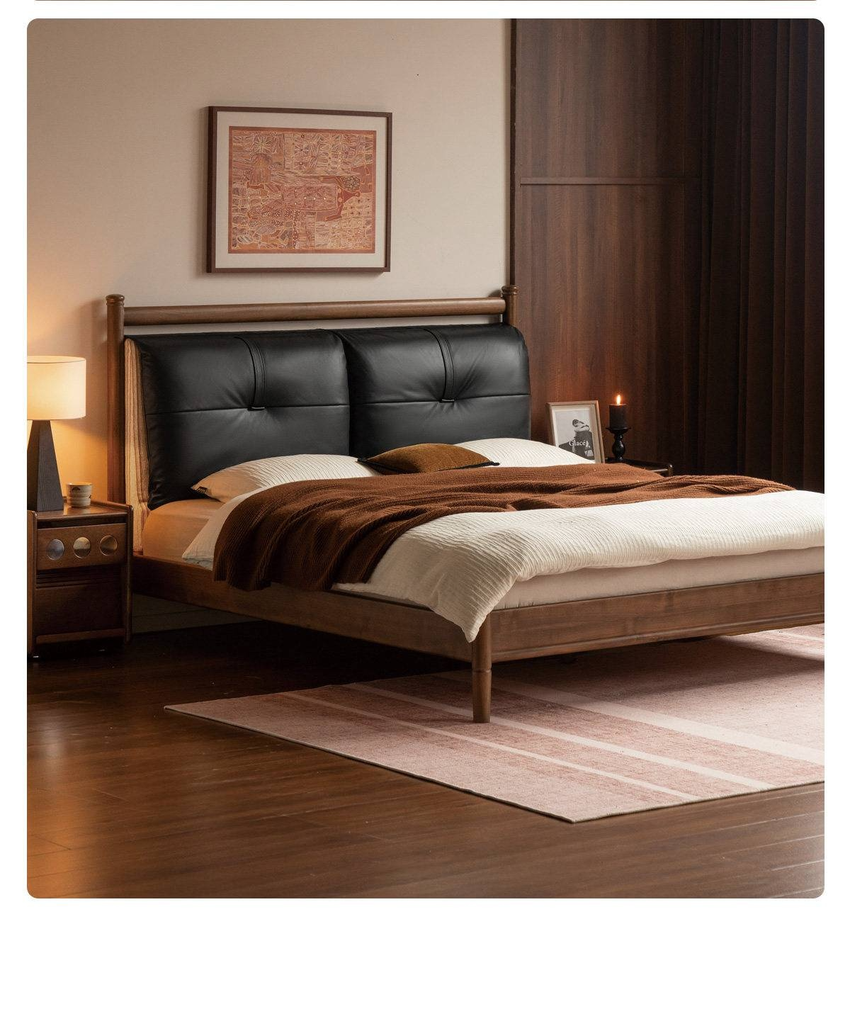 Black Walnut Solid Wood Bed with Plush Genuine Leather Cushioned Headboard