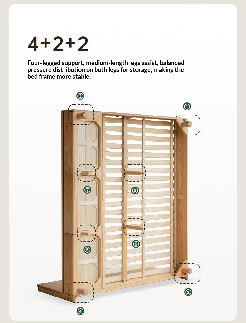 Oak Solid Wood Platform Storage Bed with Hidden Drawers and Bedside Shelf