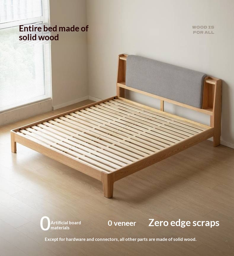 Oak Solid Wood Bed with Genuine Leather and Light Upholstery