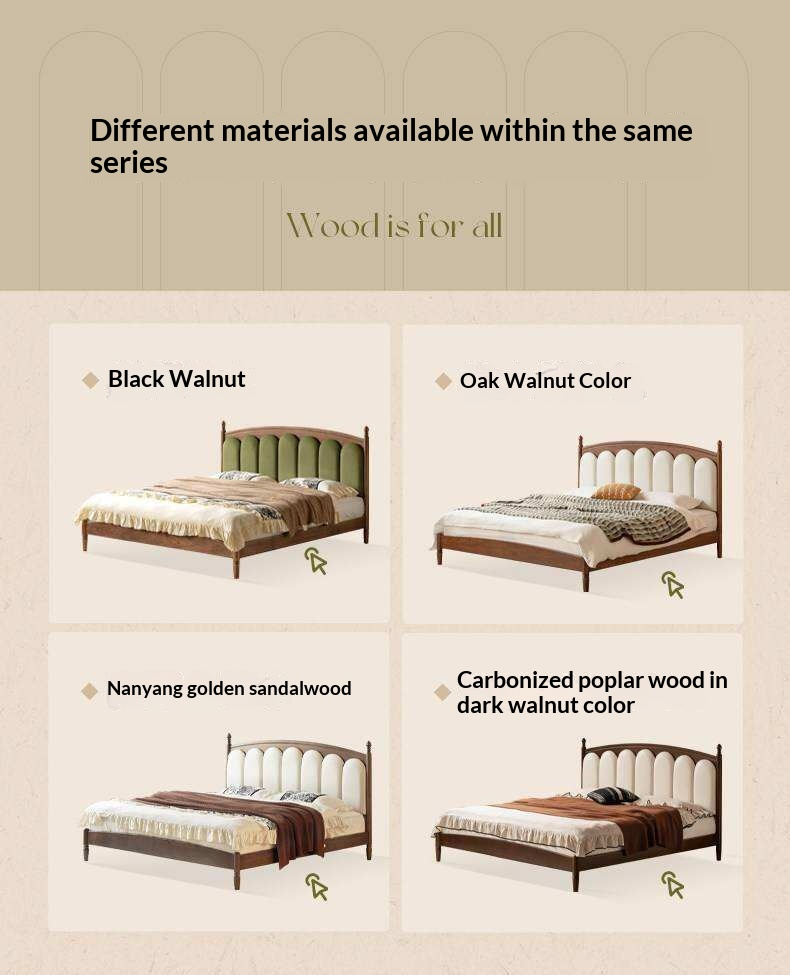 Cherry Solid Wood Genuine Leather, Velvet French-Inspired Scalloped Headboard Bed