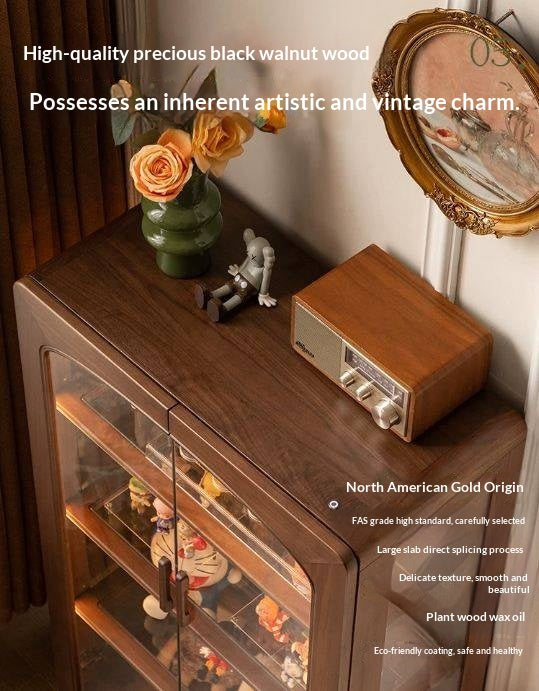 Black Walnut Solid Wood Side Cabinet with LED Lighting and Glass Panels