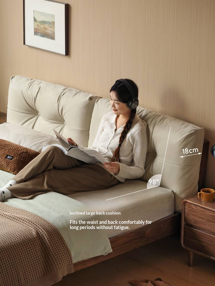 Black Walnut Solid Wood Bed with Top Genuine Leather Upholstery and Nordic High Headboard