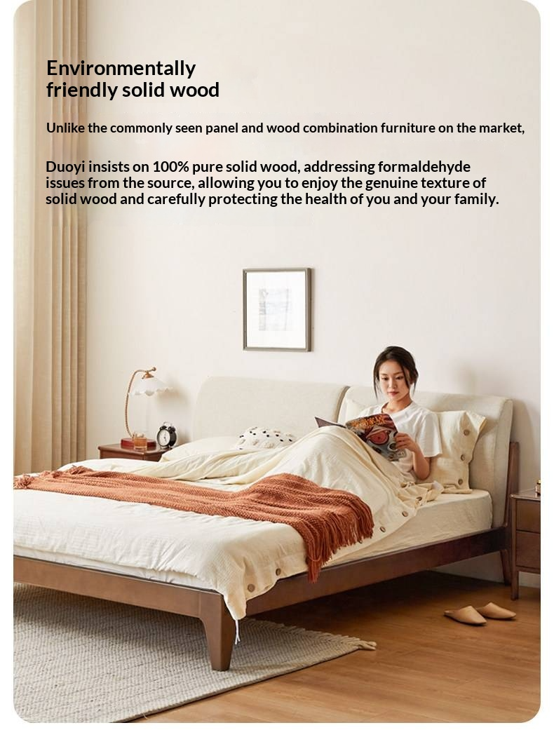 Beech Solid Wood Bed — Nordic Style, Modern Minimalist Design